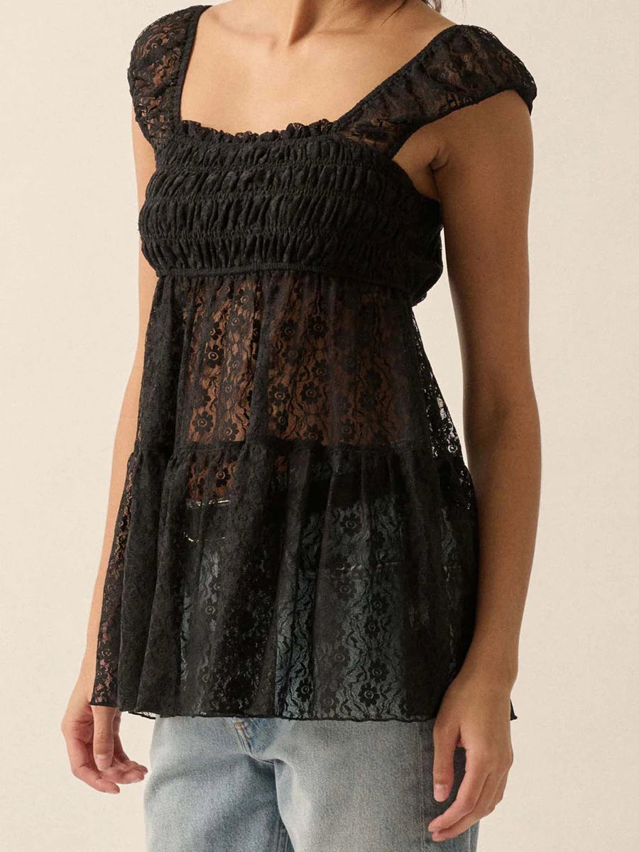 CN Guangdong Womens Casual Waffle Lace Square Neck Top
