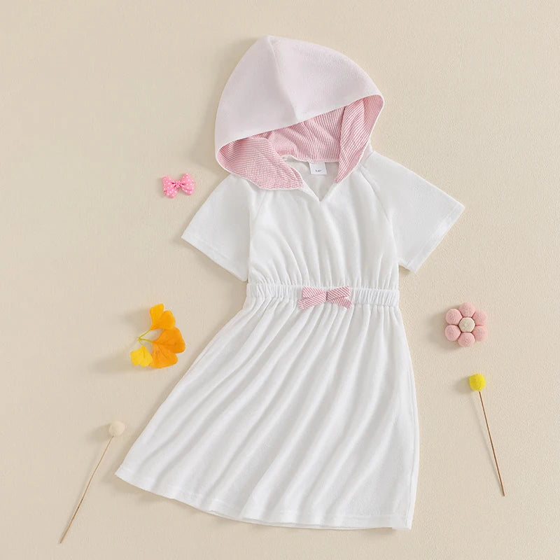 Kids Hooded Beach Cover Up Dress With 3D Bow Swimwear