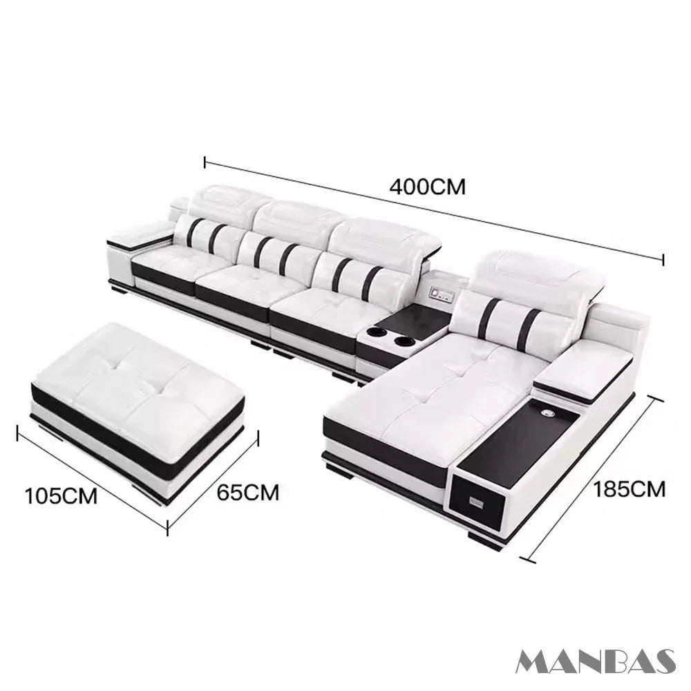 MANBAS Genuine Leather Sofa With Bluetooth USB Headrests