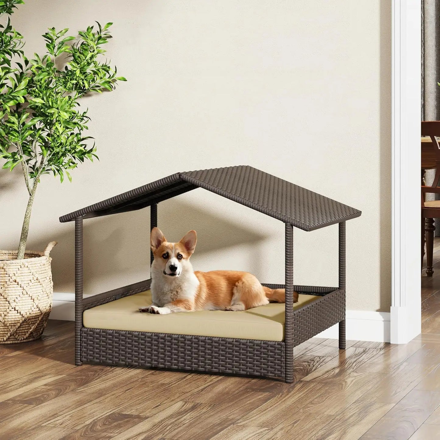 XMSJH Wicker Dog House With Canopy For Small Medium Dogs