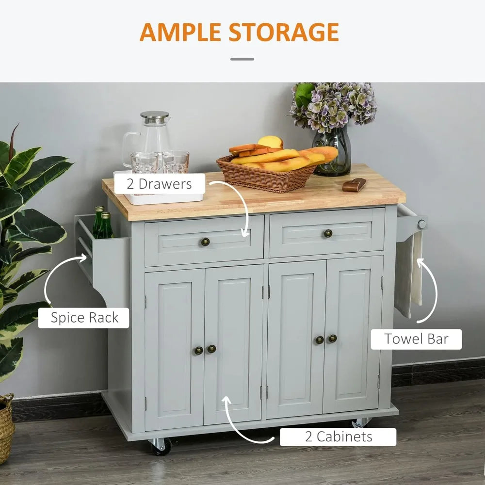 Ticify Kitchen Island Cart With Rubber Wood Top On Wheels