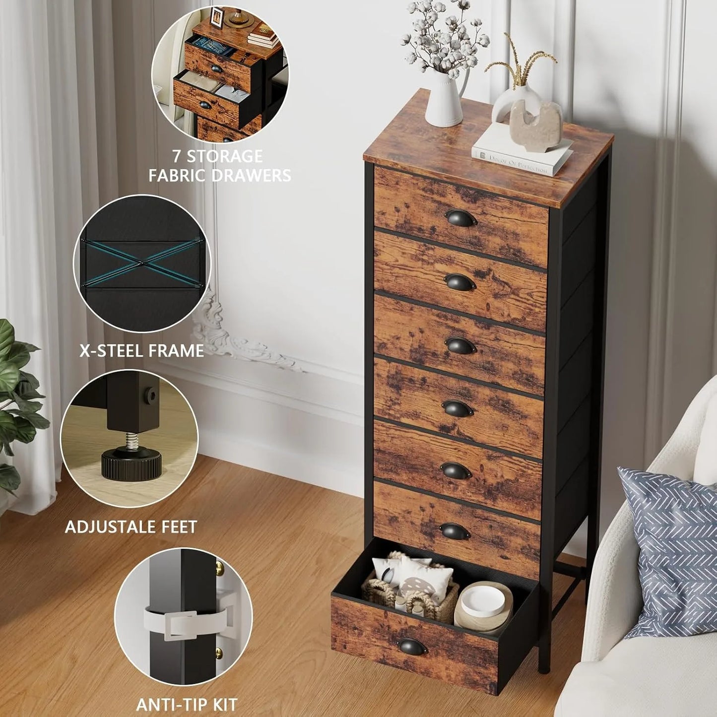 Industrial Seven Drawer Dresser Bedroom Chest Storage