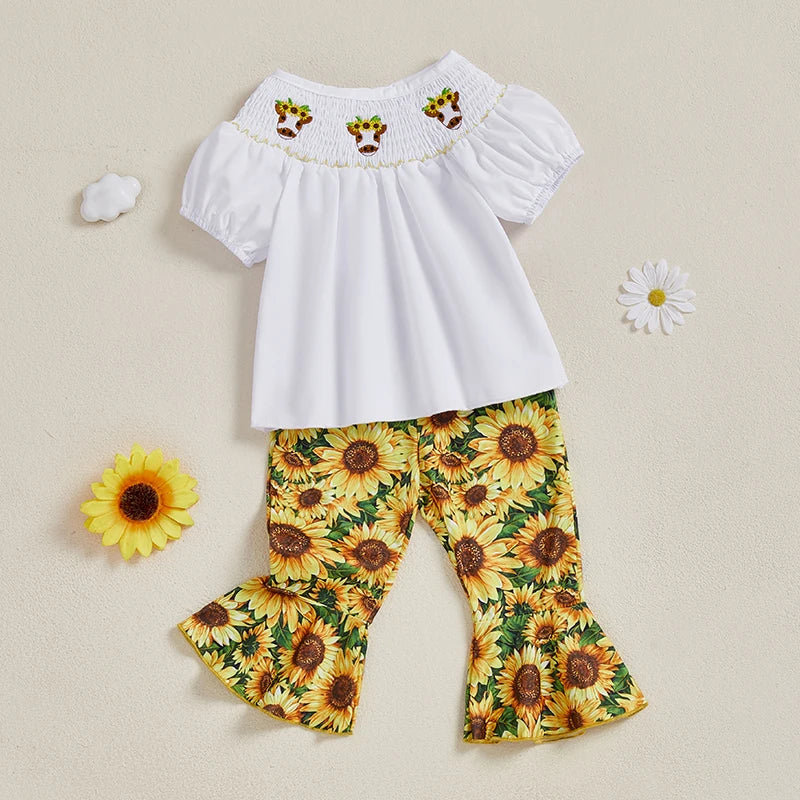Guangdong Toddler Girl Summer Smocked Top And Flare Pants