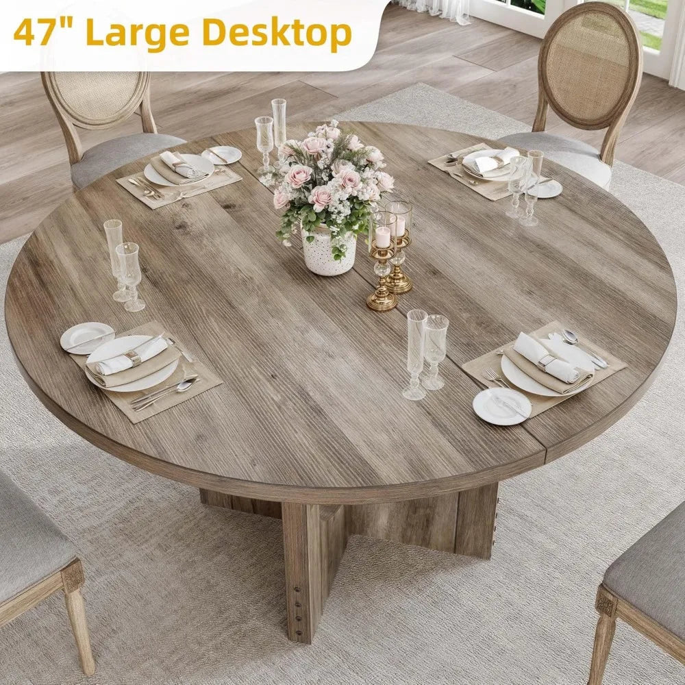 Round Dining Table For 4-6 People Rustic Pedestal Base