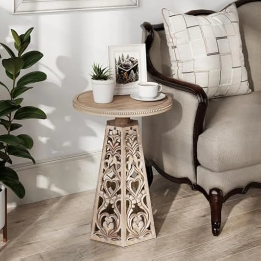 DAFIFY Vintage Round Wooden Side Table With Carved Flowers