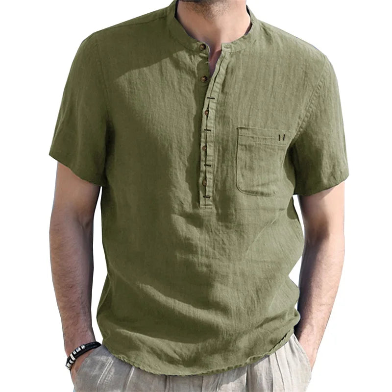 CN Guangdong Mens Linen Henley ShortSleeve Breathable Shirt