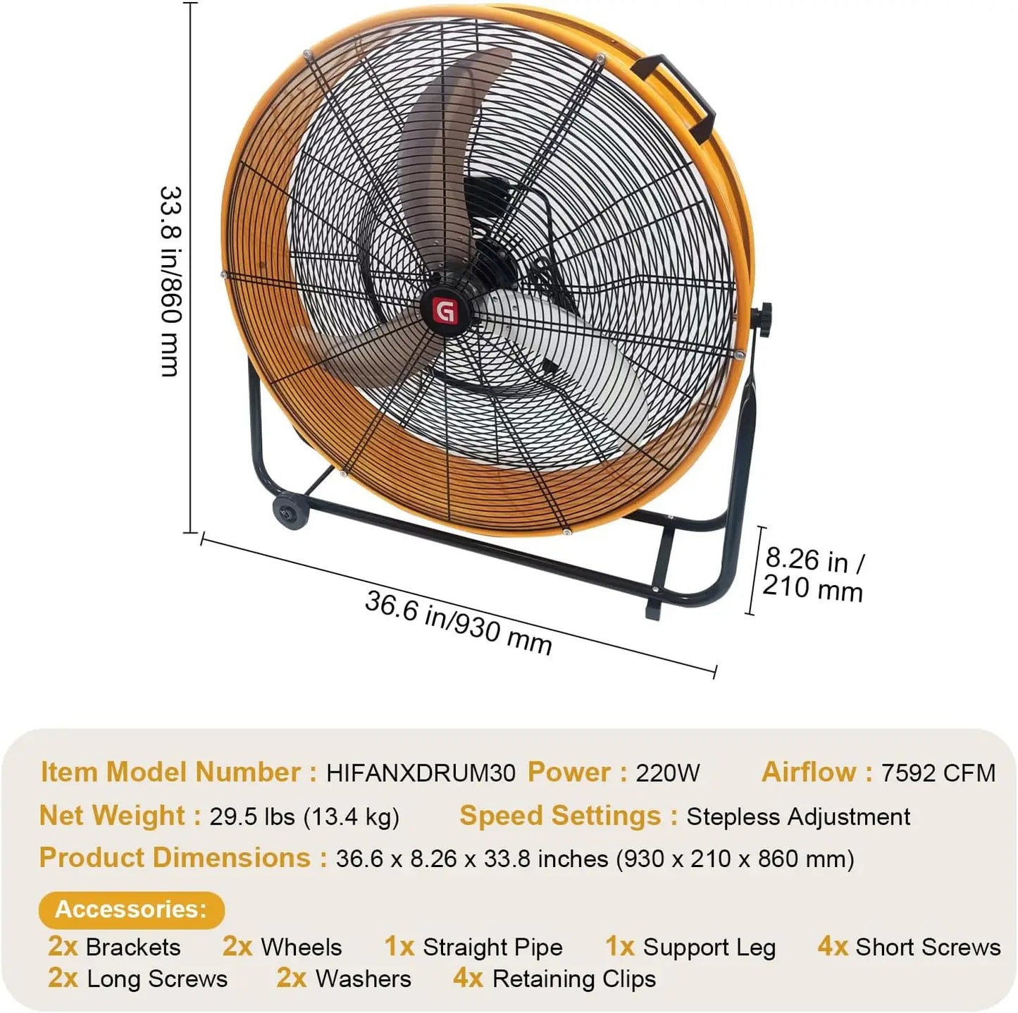 Acekool High Velocity Drum Fan 11756 CFM 3 Speed Pro