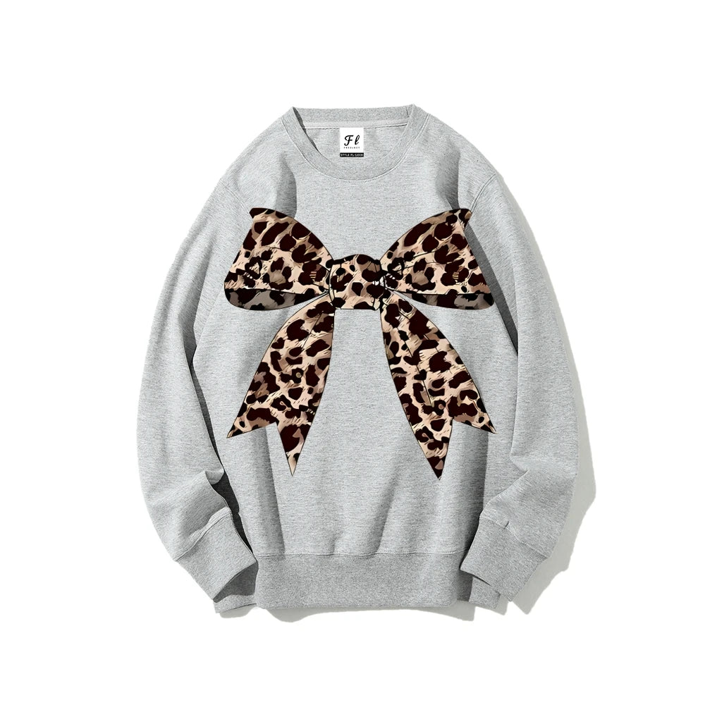 Leopard Bow Print Sweatshirts For Women Round Neck Hoodie