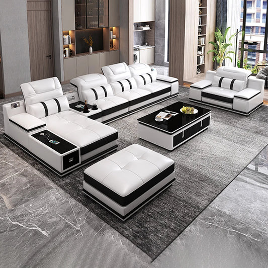 MANBAS Genuine Leather Sofa With Bluetooth USB Headrests