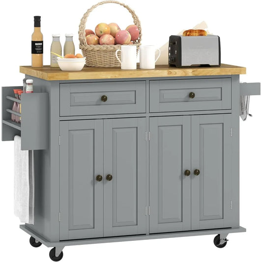 Ticify Kitchen Island Cart With Rubber Wood Top On Wheels