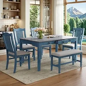 MKDK Solid Wood Dining Table Set With Upholstered Chairs