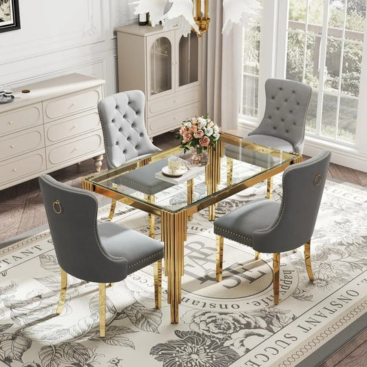 AMHDDT Glass Dining Table Set With Upholstered Chairs