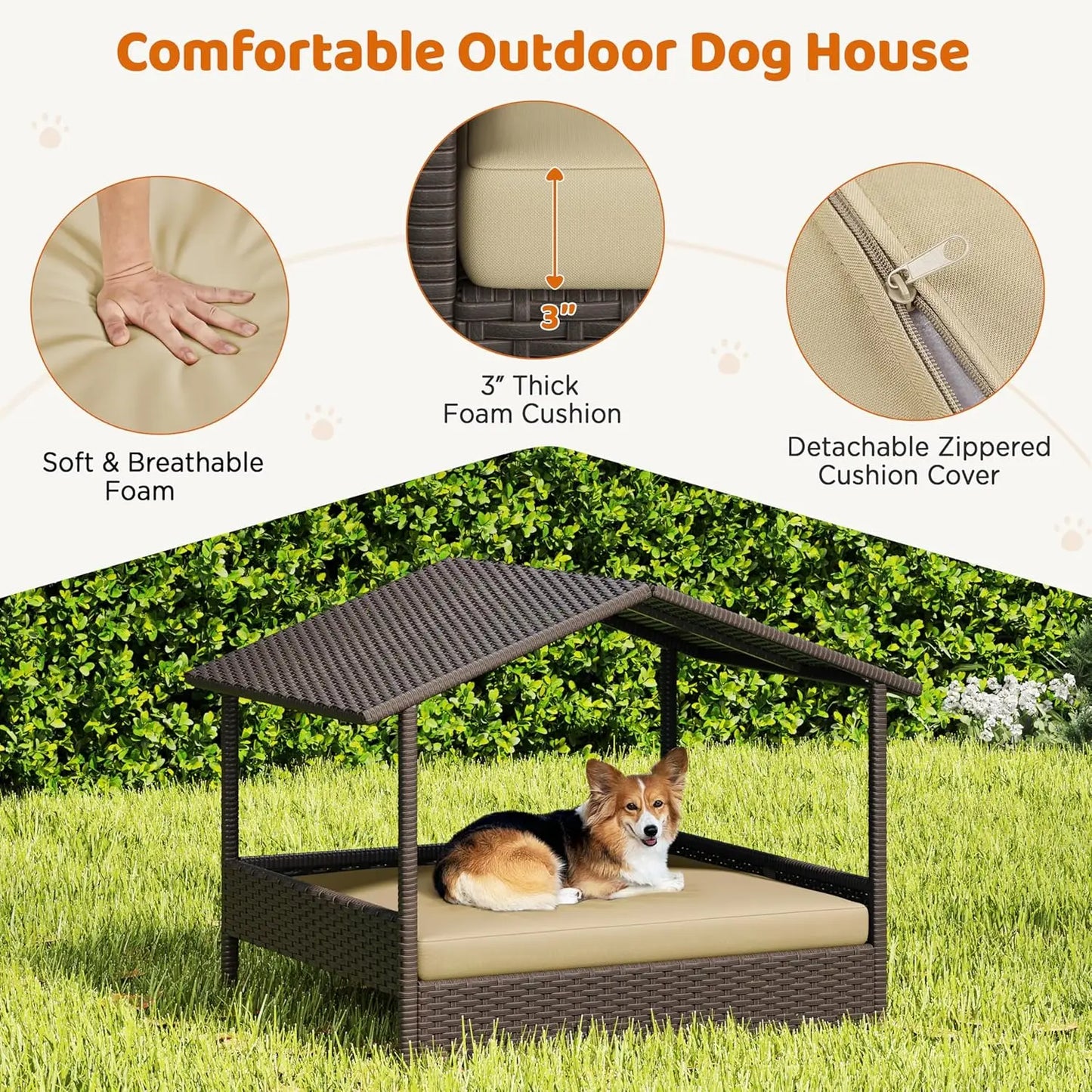 XMSJH Wicker Dog House With Canopy For Small Medium Dogs