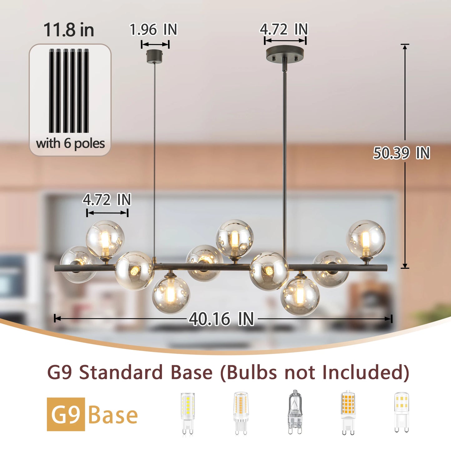10 Light Adjustable Chandelier With Glass Globe Shades